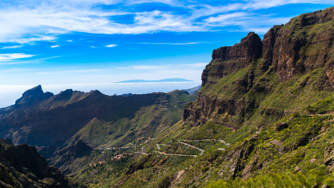 Masca Valley with small mountain Masca village and La Palma island in the background, Tenerife, Canary island, Spain