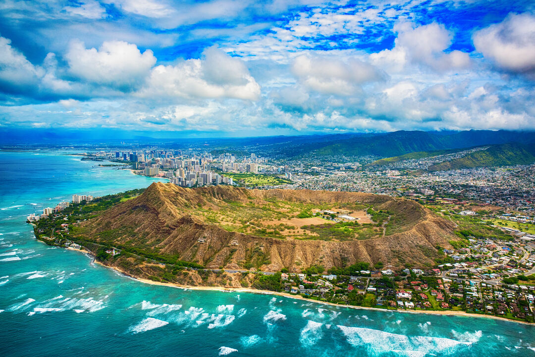 Aerial of Honolulu Hawaii Beyond Diamond Head